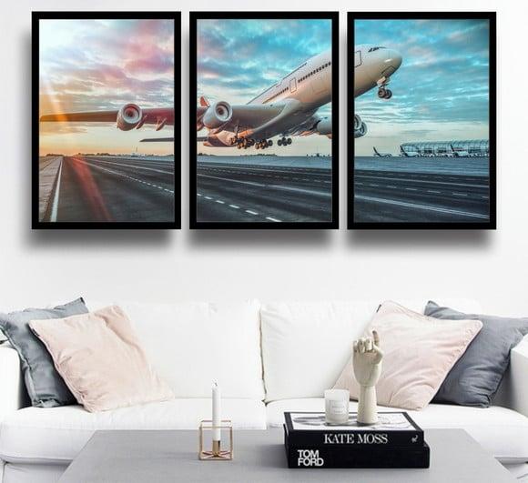 Kit 3 Quadros Decorativos Avião Boeing Piloto Airbus Moldura