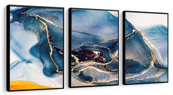 Kit 3 Quadros Decorativos Azul Dourado Moderno Com Moldura