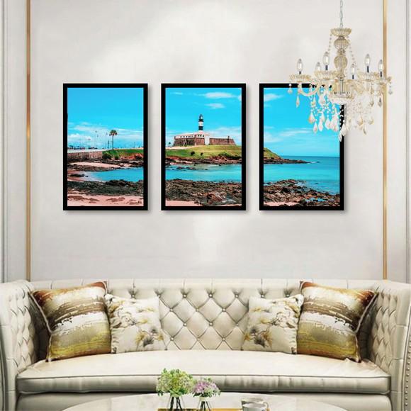 Kit 3 Quadros Decorativos Bahia Farol da Barra com Moldura