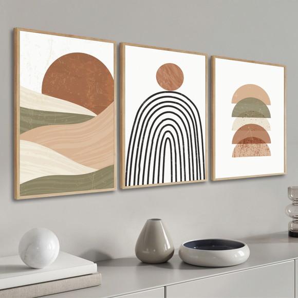 Kit 3 Quadros Decorativos Boho Abstrato Geométrico Moldura
