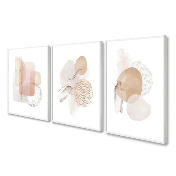 Kit 3 Quadros Decorativos Boho Formas Abstrato Bege Vidro