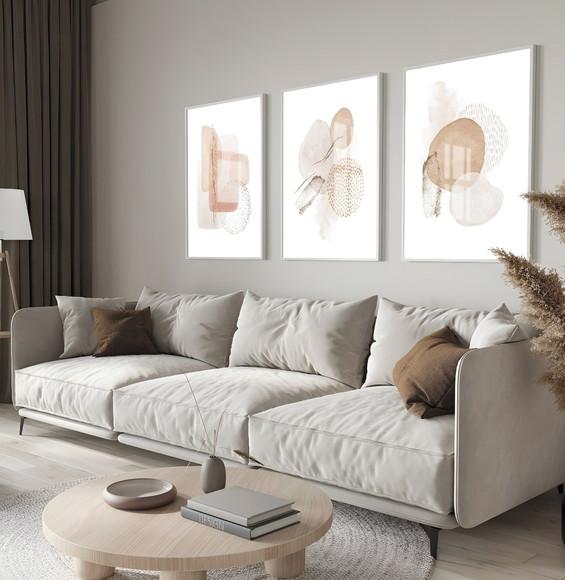 Kit 3 Quadros Decorativos Boho Formas Abstrato Bege Vidro