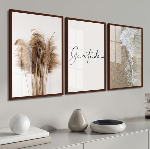 Kit 3 Quadros Decorativos Boho Gratidão com Moldura e Vidro