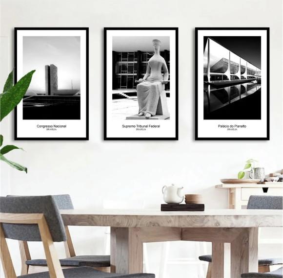 Kit 3 Quadros Decorativos Brasília Preto e Branco Moldura