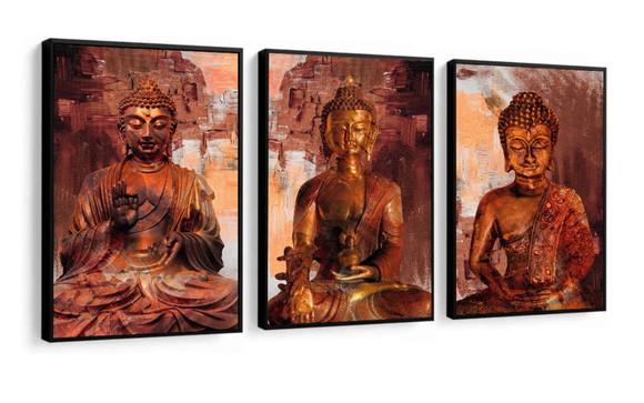 Kit 3 Quadros Decorativos Buda Meditação Dourado Com Moldura