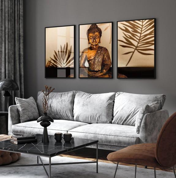 Kit 3 Quadros Decorativos Buda Meditação com Moldura e Vidro