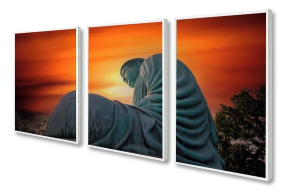 Kit 3 Quadros Decorativos Buda Meditação Paisagem Moldura
