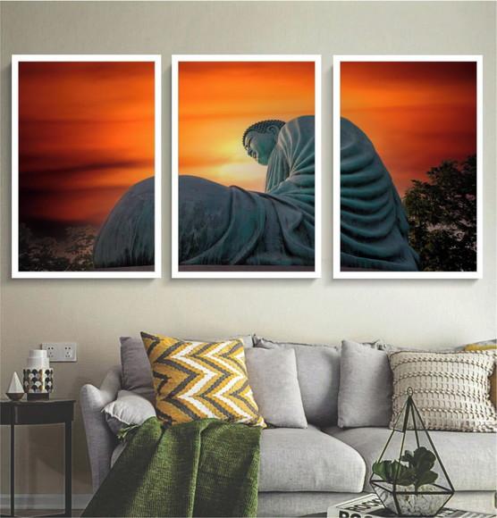 Kit 3 Quadros Decorativos Buda Meditação Paisagem Moldura
