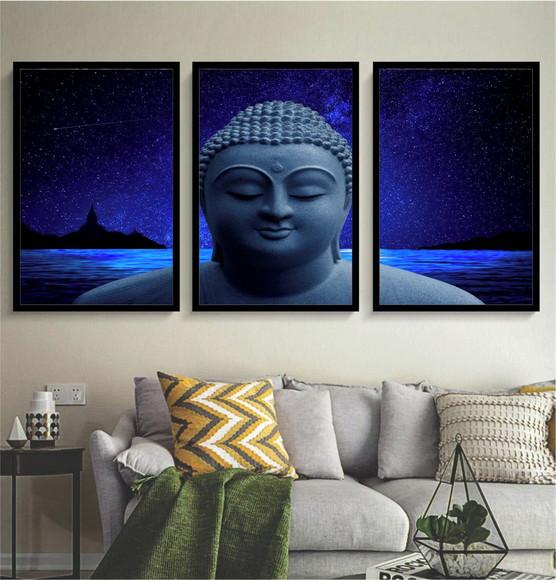 Kit 3 Quadros Decorativos Buda Meditação Rosto Sala Moldura