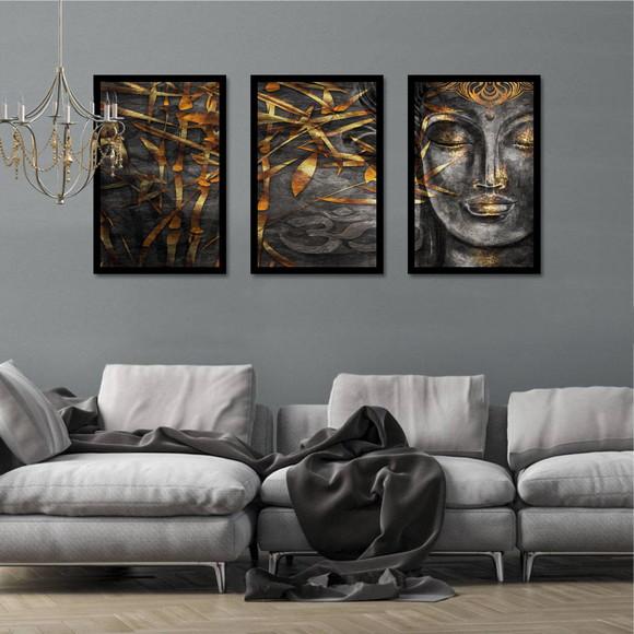 Kit 3 Quadros Decorativos Buda Meditação Sala Com Moldura