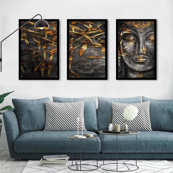 Kit 3 Quadros Decorativos Buda Meditação Sala Com Moldura