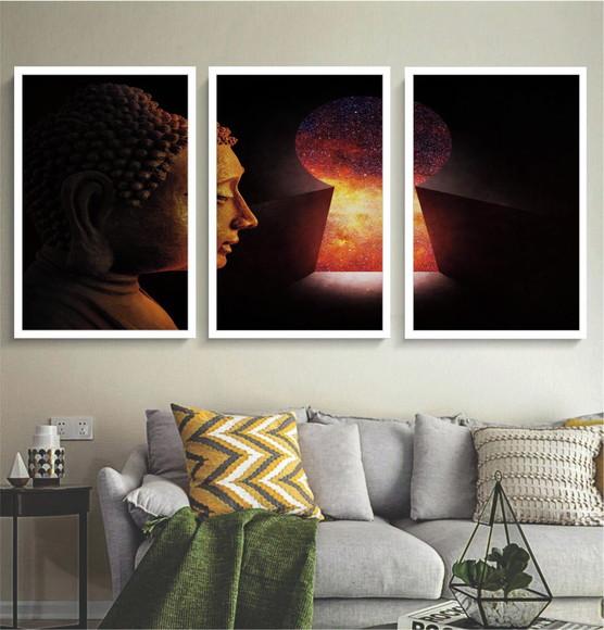 Kit 3 Quadros Decorativos Buda Meditação Sala Quarto Moldura