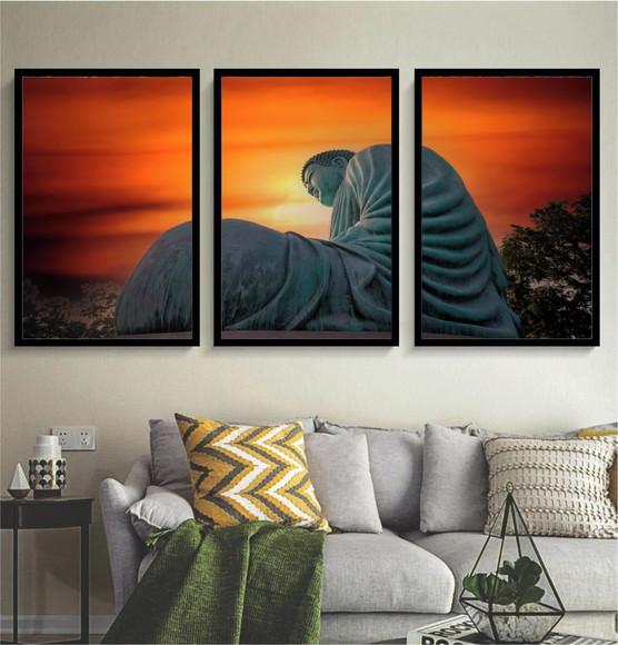 Kit 3 Quadros Decorativos Buda Paisagem Para Sala Moldura