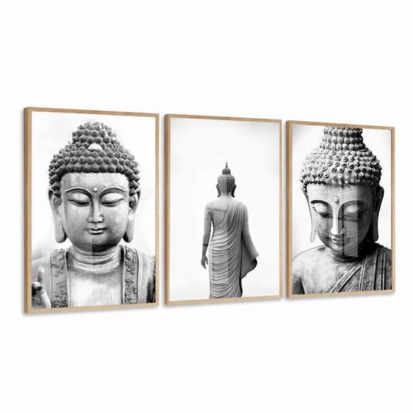 Kit 3 Quadros Decorativos Buda Preto e Branco Luxo com Vidro