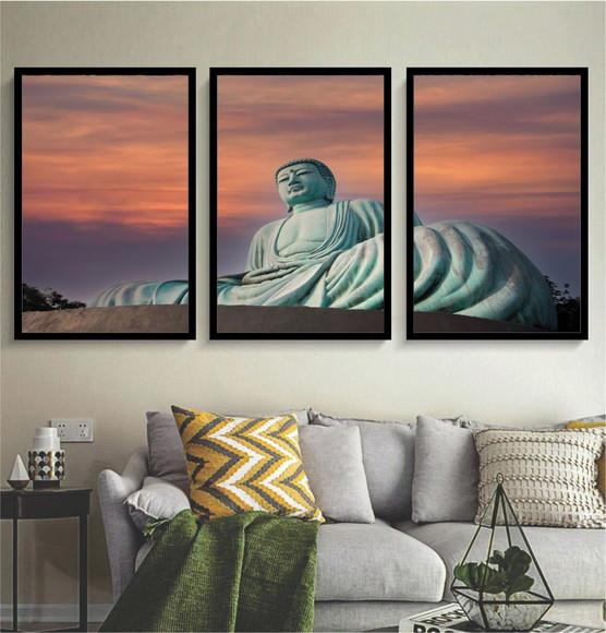 Kit 3 Quadros Decorativos Buda Para Sala Quarto Com Moldura