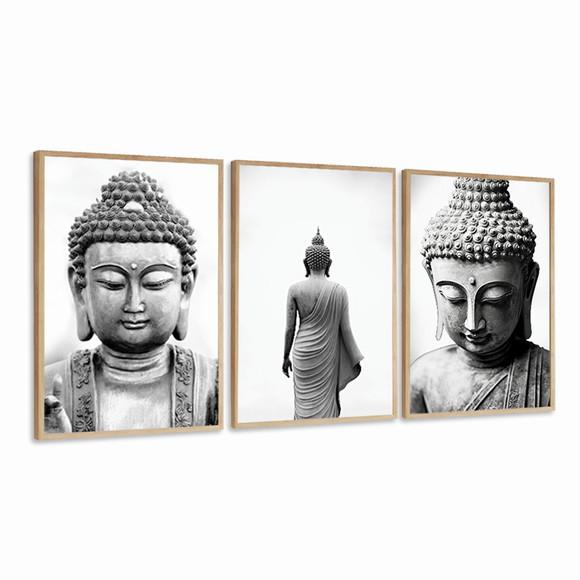 Kit 3 Quadros Decorativos Buda Preto e Branco Luxo Moldura