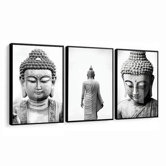 Kit 3 Quadros Decorativos Buda Preto e Branco Moldura Vidro