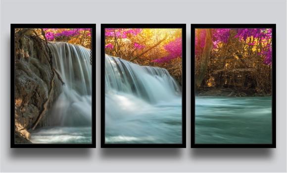 Kit 3 Quadros Decorativos Cachoeira Paisagem Com Moldura