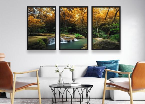 Kit 3 Quadros Decorativos Cachoeira Paisagem Com Moldura