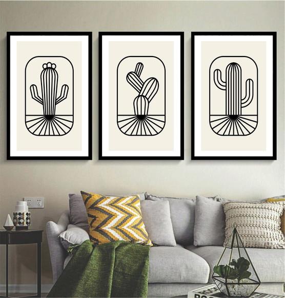 Kit 3 Quadros Decorativos Cacto Desenho Moderno Com Moldura