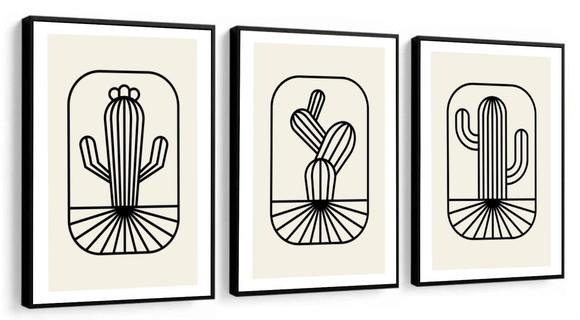 Kit 3 Quadros Decorativos Cacto Desenho Moderno Com Moldura