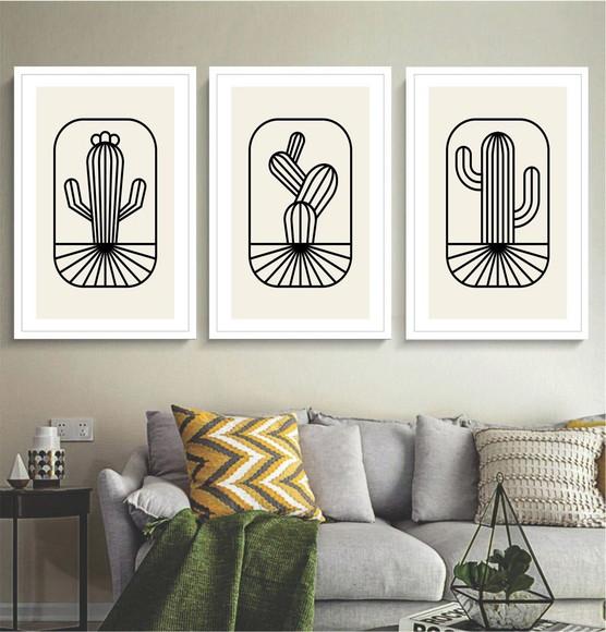 Kit 3 Quadros Decorativos Cacto Desenho Para Sala Moldura