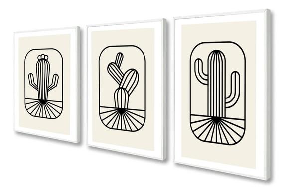 Kit 3 Quadros Decorativos Cacto Desenho Para Sala Moldura