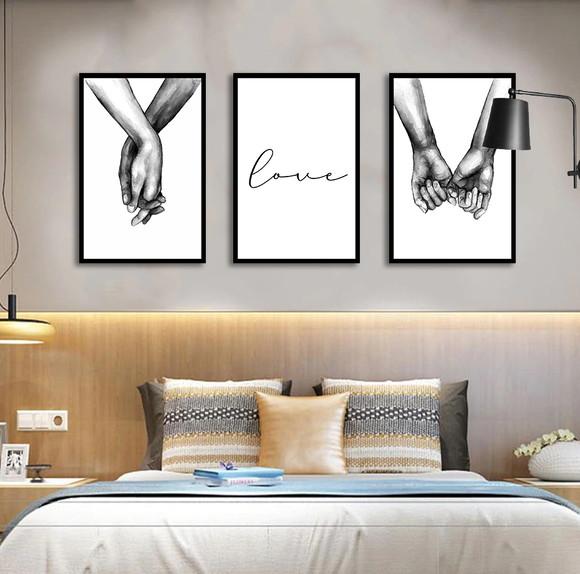 Kit 3 Quadros Decorativos Casal Mãos Dadas Quarto Sala Hall