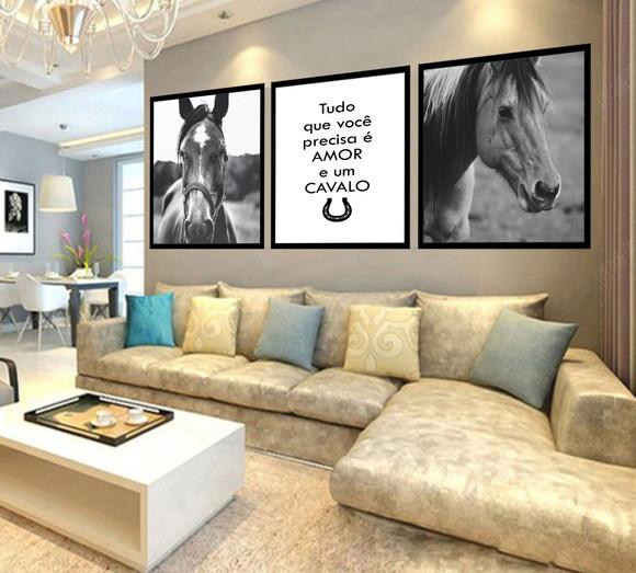 Kit 3 Quadros Decorativos Cavalo Haras Fazenda Manga Larga