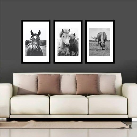 Kit 3 Quadros Decorativos Cavalos Preto e Branco com Moldura