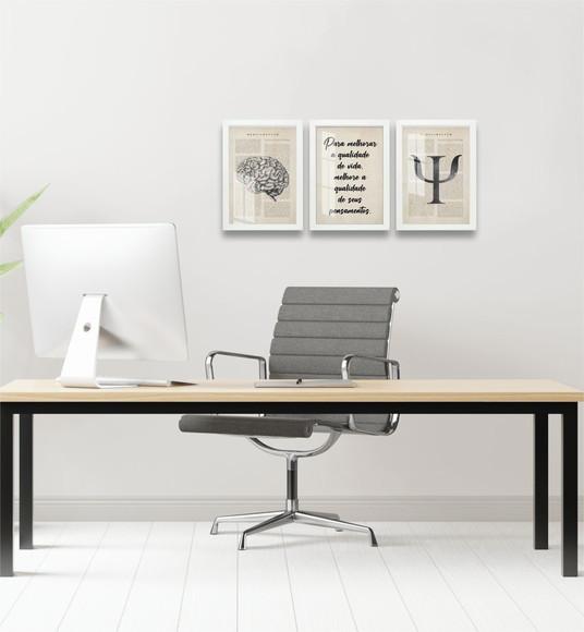 Kit 3 Quadros Decorativos Cérebro Psicologia Moldura e Vidro