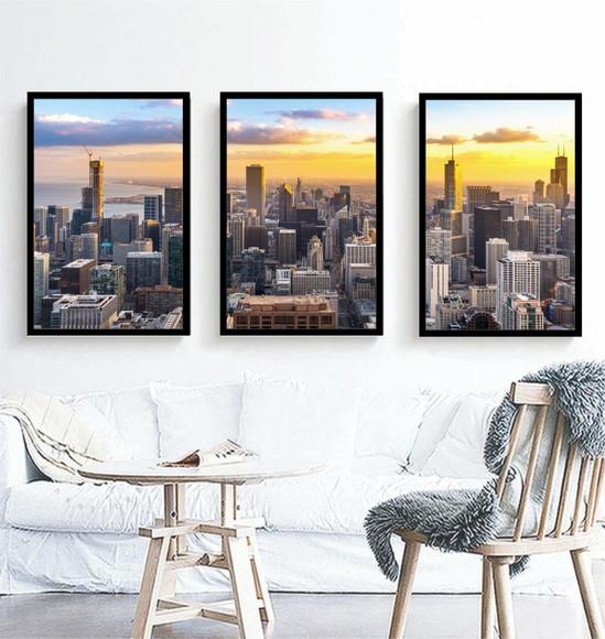 Kit 3 Quadros Decorativos Cidade Paisagem Chicago Moldura