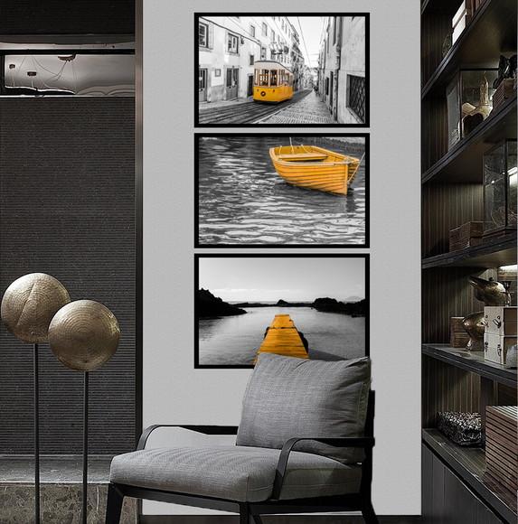Kit 3 Quadros Decorativos Cidade Preto e Branco Amarelo Sala