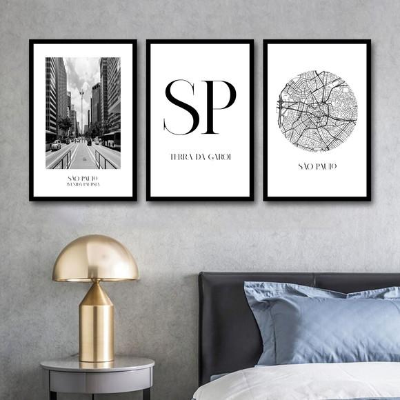Kit 3 Quadros Decorativos Cidade São Paulo Moderno Moldura