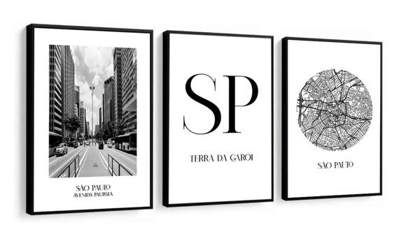 Kit 3 Quadros Decorativos Cidade São Paulo Moderno Moldura