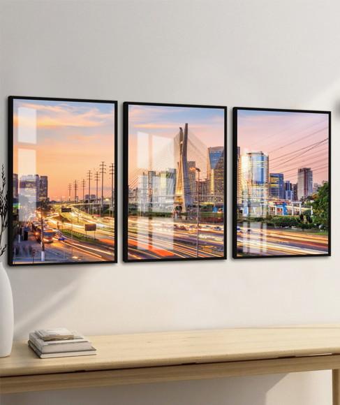 Kit 3 Quadros Decorativos Cidade São Paulo Moldura e Vidro