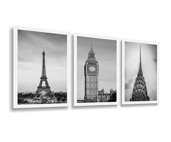 Kit 3 Quadros Decorativos Cidades Londres Paris e Nova York