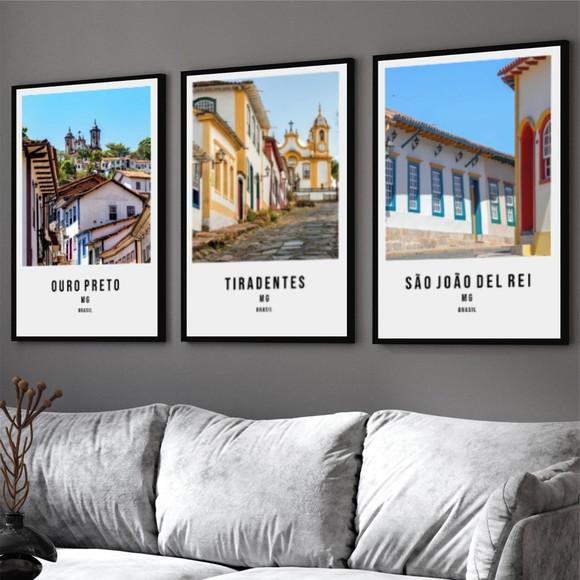 Kit 3 Quadros Decorativos Cidades Históricas Moldura Vidro