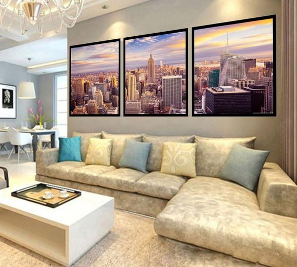 Kit 3 Quadros Decorativos Cidades Nova York Conjunto Moldura