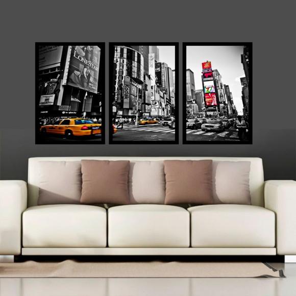 Kit 3 Quadros Decorativos Cidades Nova York Conjunto Moldura