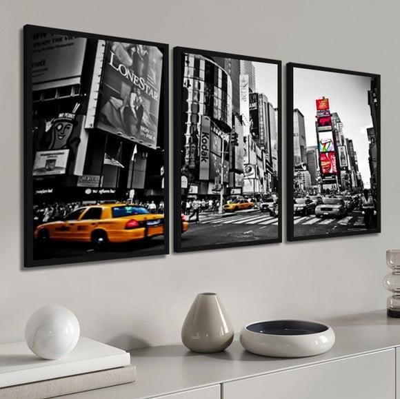 Kit 3 Quadros Decorativos Cidades Nova York Conjunto Moldura
