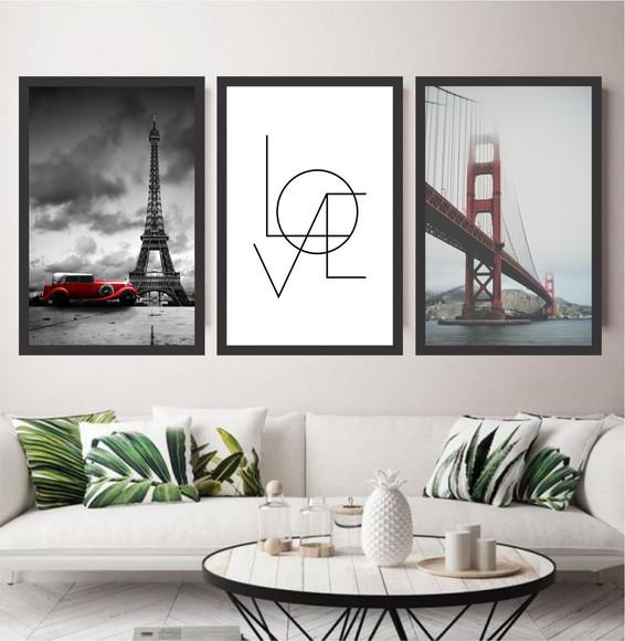Kit 3 Quadros Decorativos Cidades Paisagem Moderno Moldura
