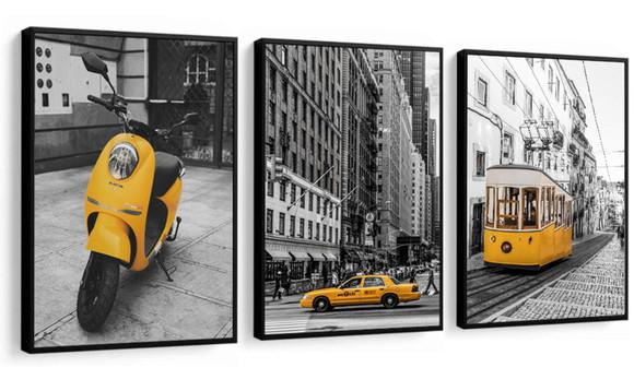 Kit 3 Quadros Decorativos Cidades Paisagem Para Sala Moldura
