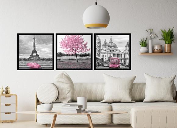 Kit 3 Quadros Decorativos Cidades Rosa Para Sala Com Moldura