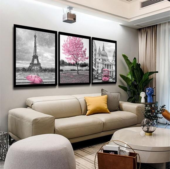 Kit 3 Quadros Decorativos Cidades Rosa Para Sala Com Moldura