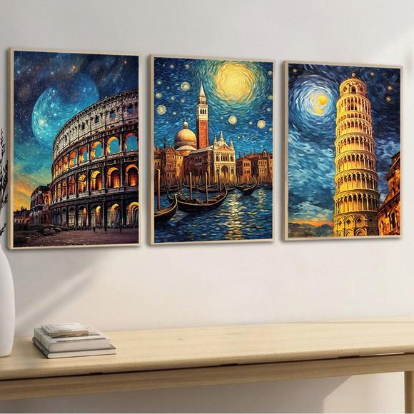 Kit 3 Quadros Decorativos Coliseu Roma Itália Veneza Moldura