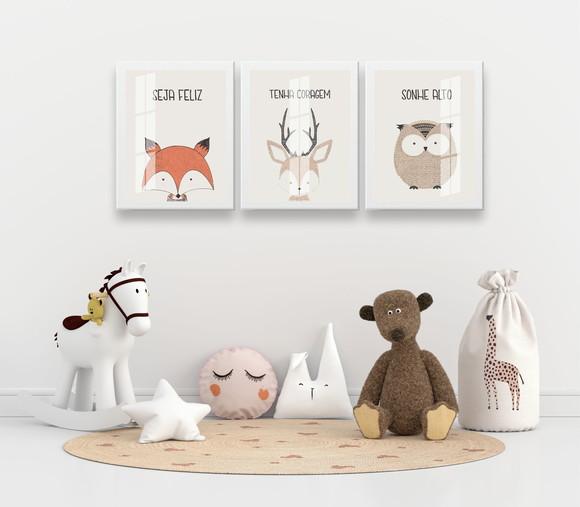 Kit 3 Quadros Decorativos Com Frases Infantil Moldura Vidro