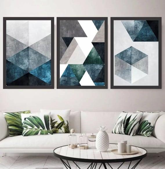Kit 3 Quadros Decorativos Conjunto Abstrato Geométrico Azul