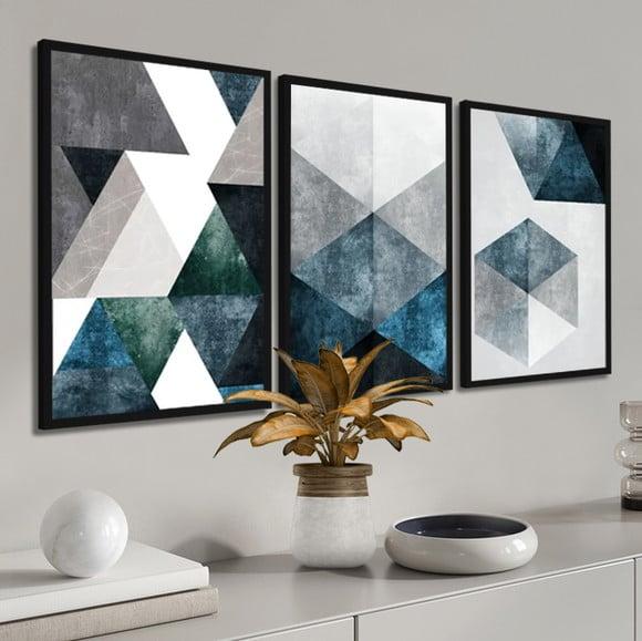 Kit 3 Quadros Decorativos Conjunto Abstrato Geométrico Azul