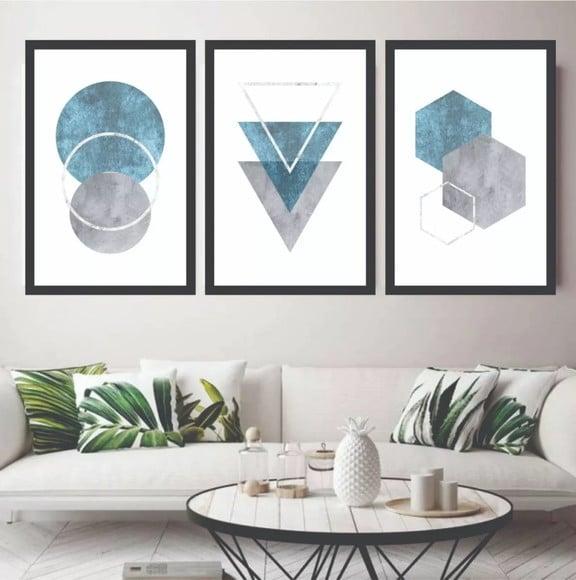 Kit 3 Quadros Decorativos Conjunto Abstrato Geométrico Azul